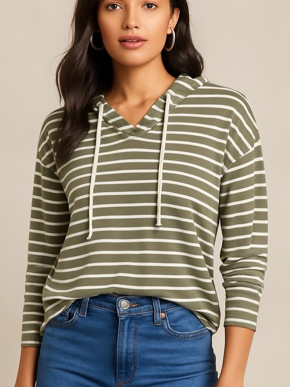 Buffalo David Bitton Olive and White‎ Striped Hoodie Size M